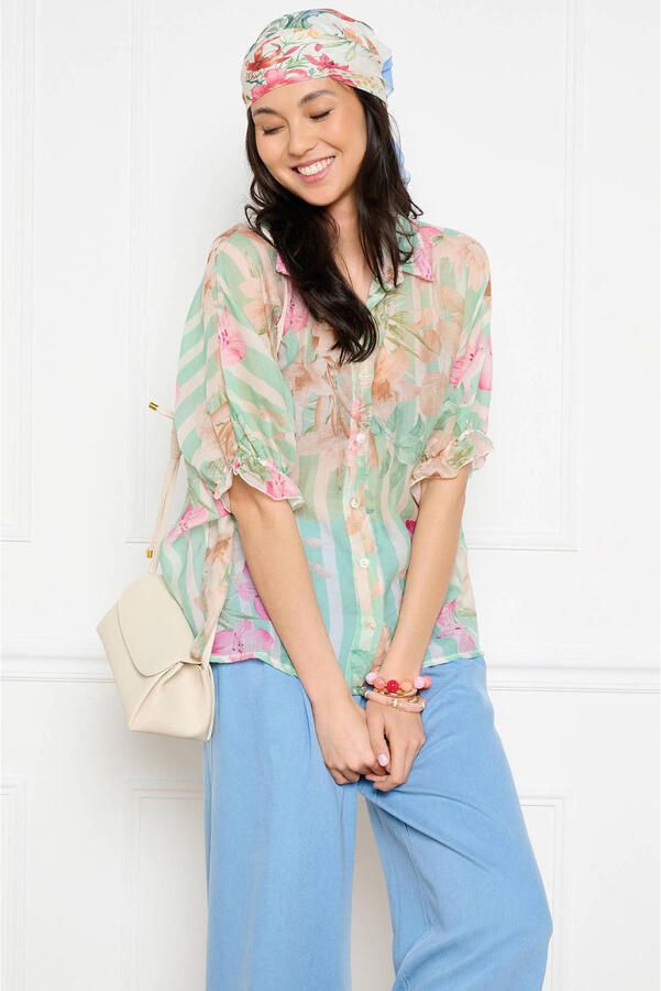 LOLALIZA gestreepte gebloemde blouse groen - Foto 2