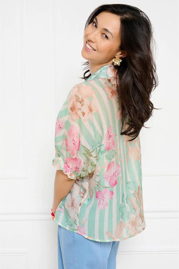 LOLALIZA gestreepte gebloemde blouse groen - Foto 3