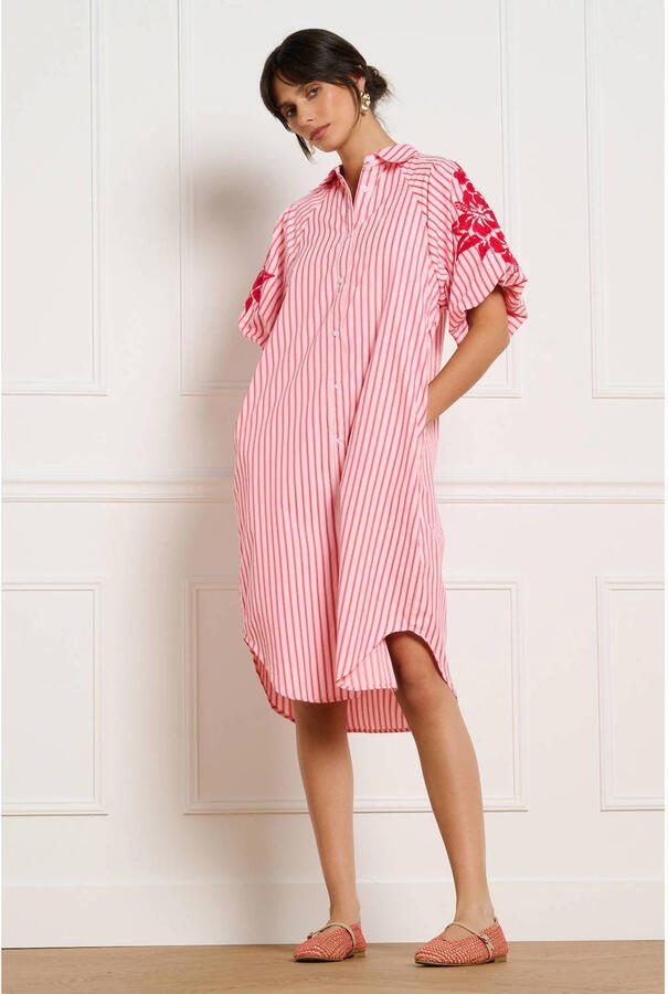 LOLALIZA gestreepte midi blousejurk met borduursels roze