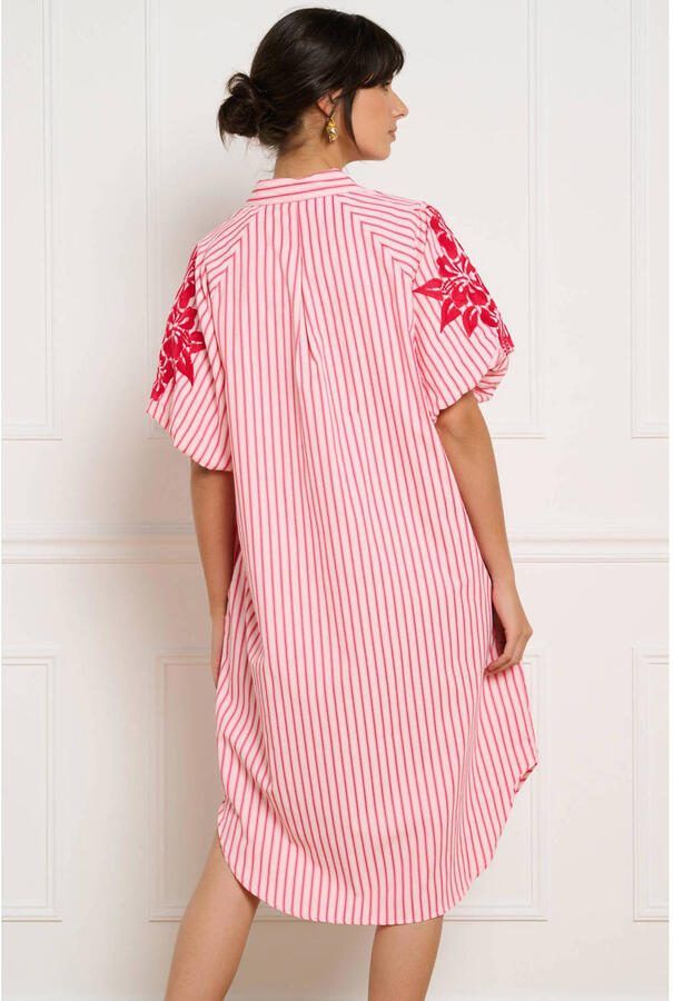 LOLALIZA gestreepte midi blousejurk met borduursels roze - Foto 2