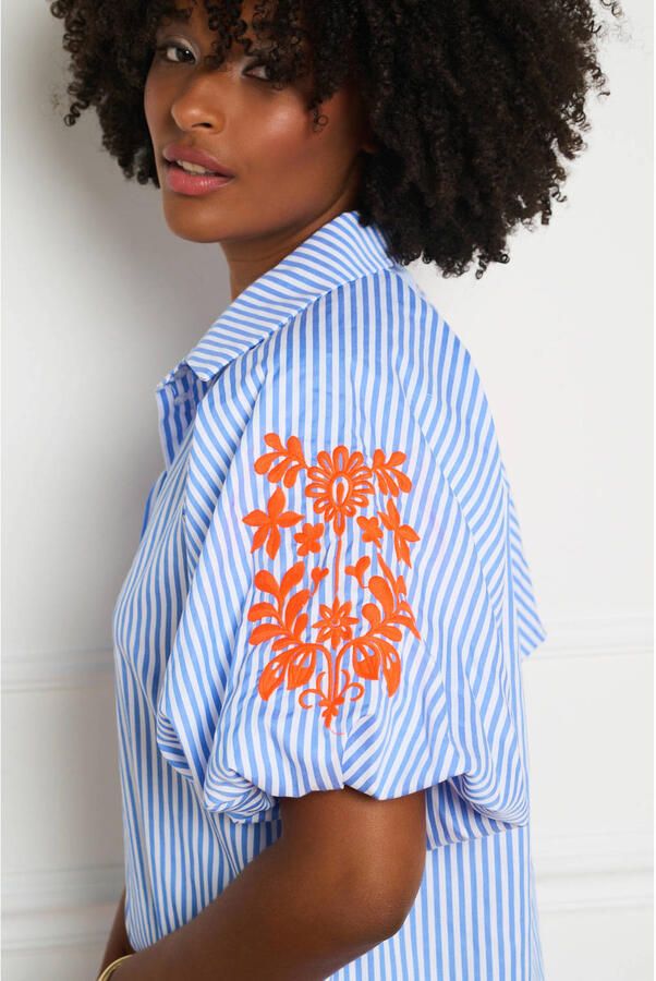 LOLALIZA korte gestreepte blousejurk met borduursels blauw - Foto 2
