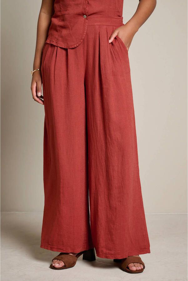 LOLALIZA linnen high waist wide leg fit broek roodbruin