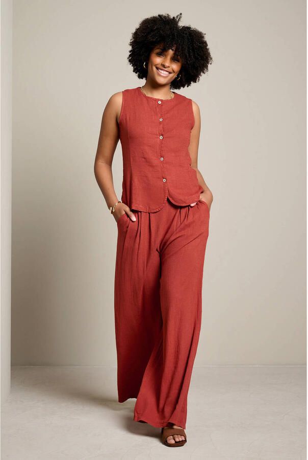 LOLALIZA linnen high waist wide leg fit broek roodbruin - Foto 2