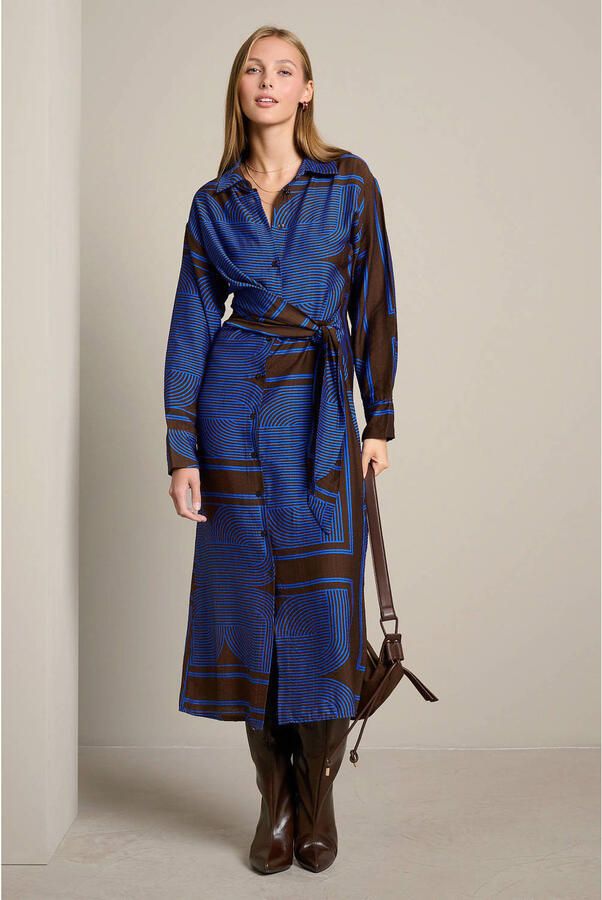 LOLALIZA midi blousejurk blauw bruin