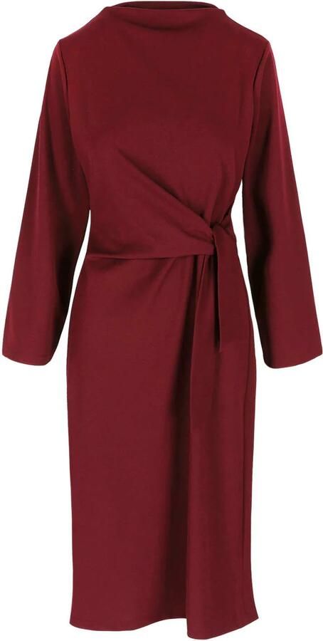 LOLALIZA midi jurk met ceintuur donkerrood - Foto 3