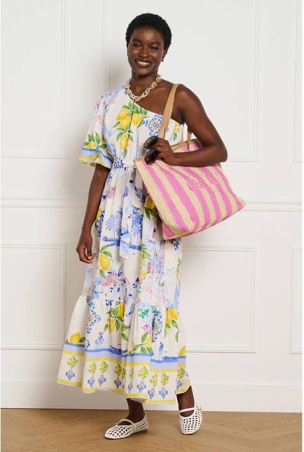 LOLALIZA one shoulder zomerjurk met ceintuur en print meerkleurig