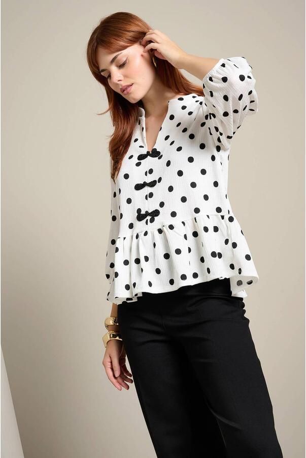 LOLALIZA top met peplum en stippen ecru zwart - Foto 3