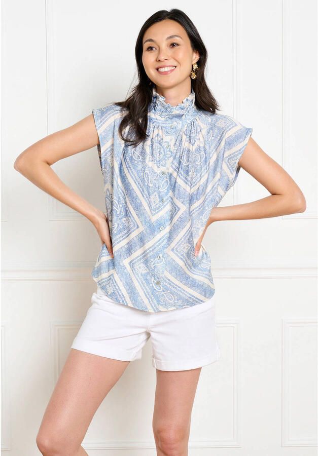 LOLALIZA viscose gebloemde blouse met glitters lichtblauw