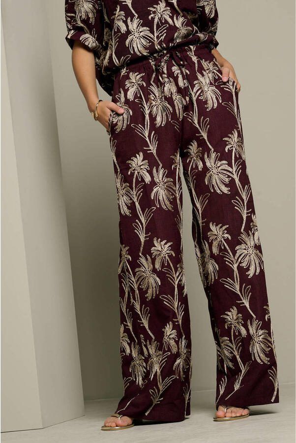 LOLALIZA wide leg gebloemde broek met borduursels bruin