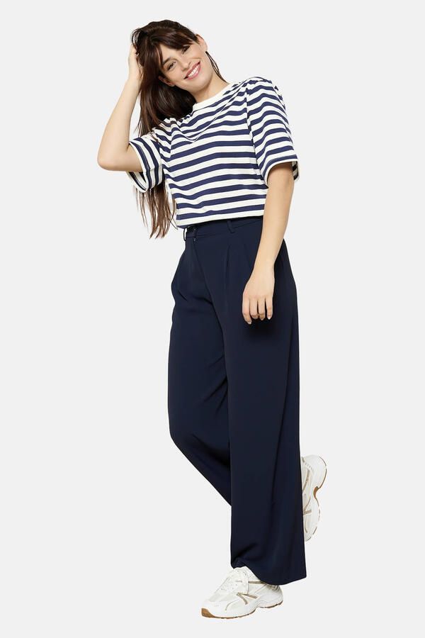 LOLALIZA wide leg high waist broek donkerblauw