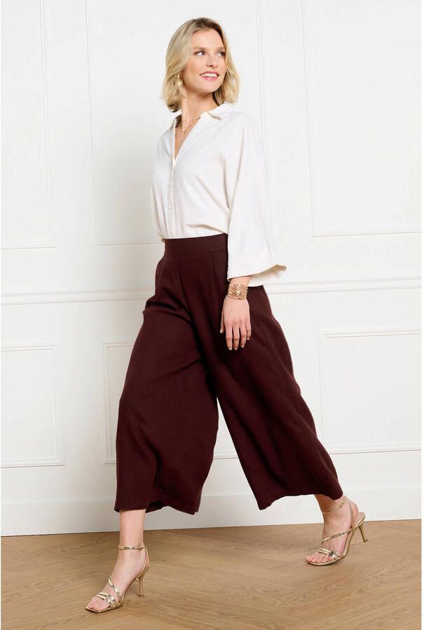 LOLALIZA wide leg regular waist broek met linnen donkerrood - Foto 2
