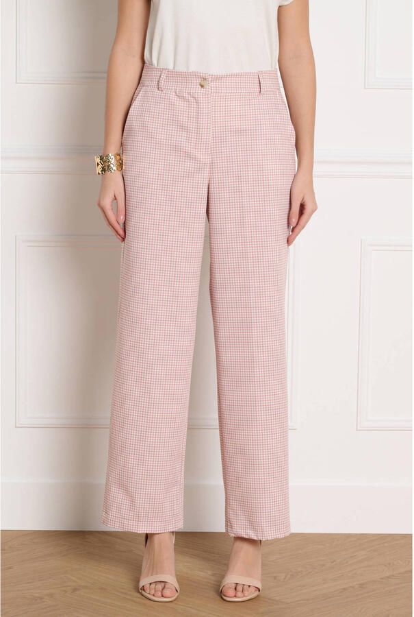 LOLALIZA wide leg regular waist broek met pied de poule print roze