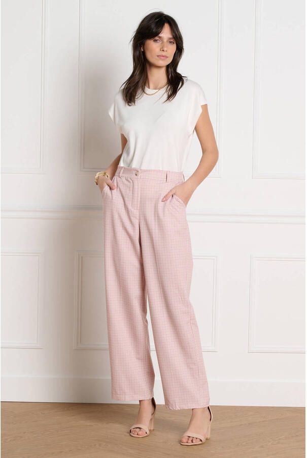 LOLALIZA wide leg regular waist broek met pied de poule print roze - Foto 2