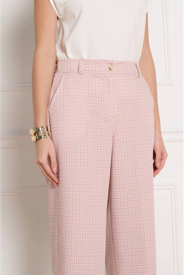 LOLALIZA wide leg regular waist broek met pied de poule print roze - Foto 3