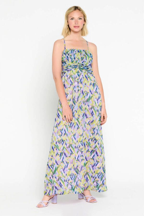 LOLALIZA maxi jurk met all over print en plooien turquoise paars geel