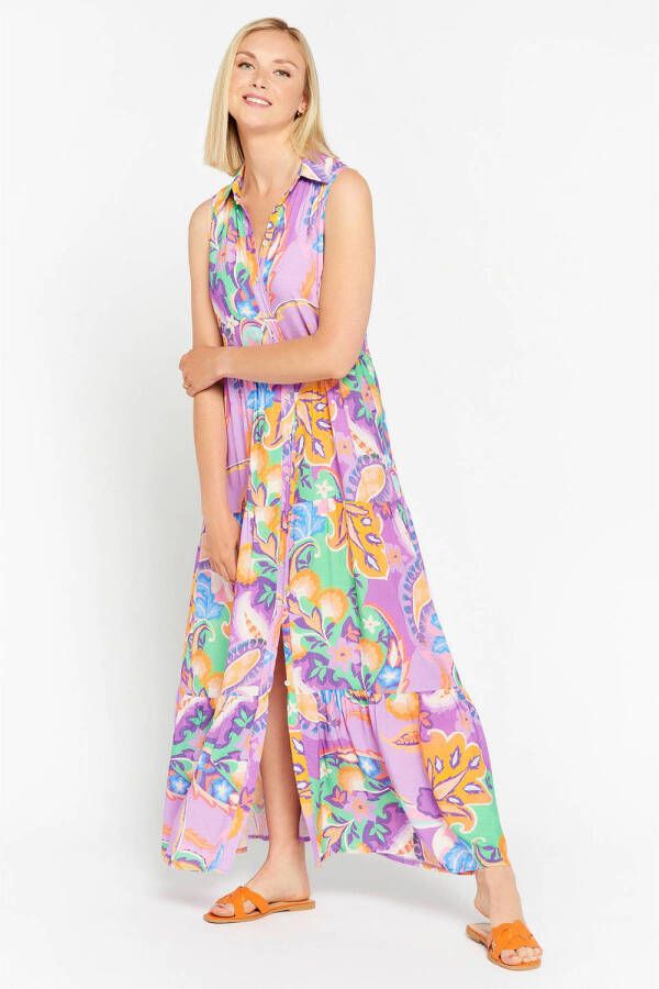 LOLALIZA maxi jurk met all over print en volant paars oranje blauw