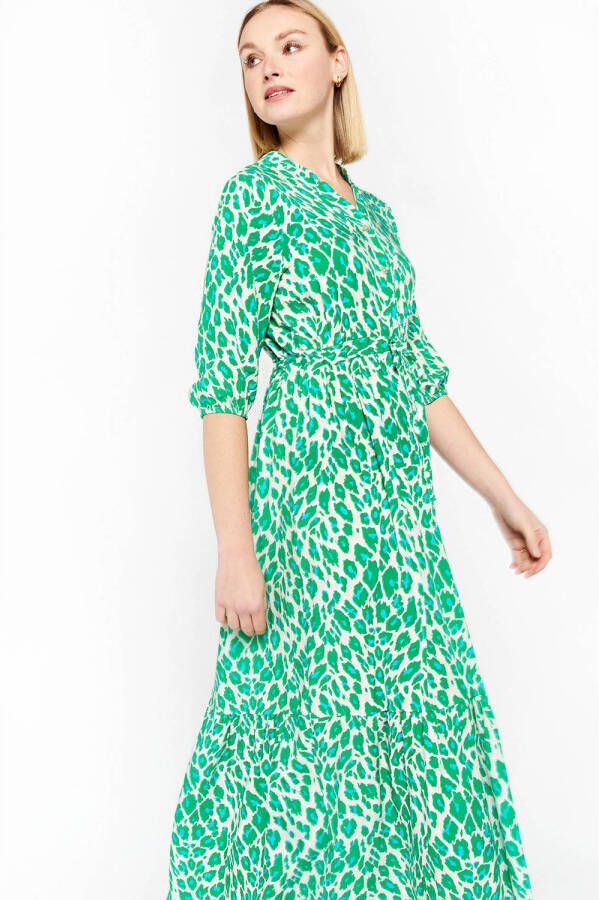LOLALIZA maxi jurk met panterprint en ceintuur groen ecru blauw