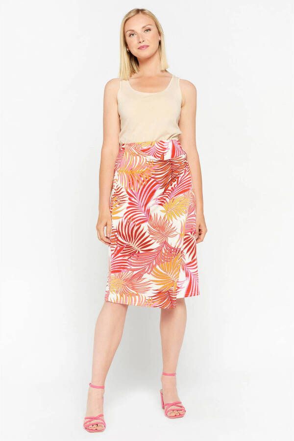 LOLALIZA midi rok met bladprint ecru oranje rood