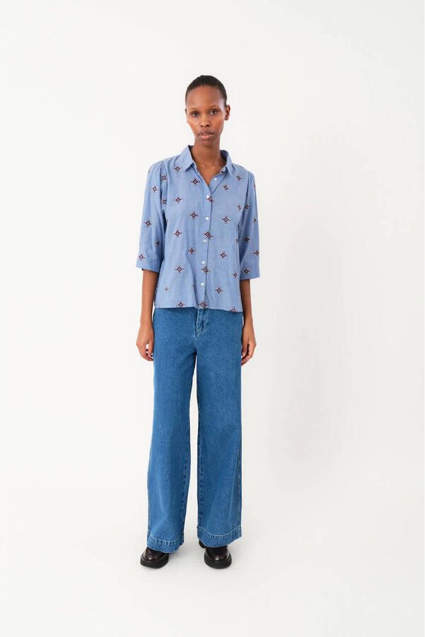 Lollys Laundry Blouse met borduursels Sunset blauw