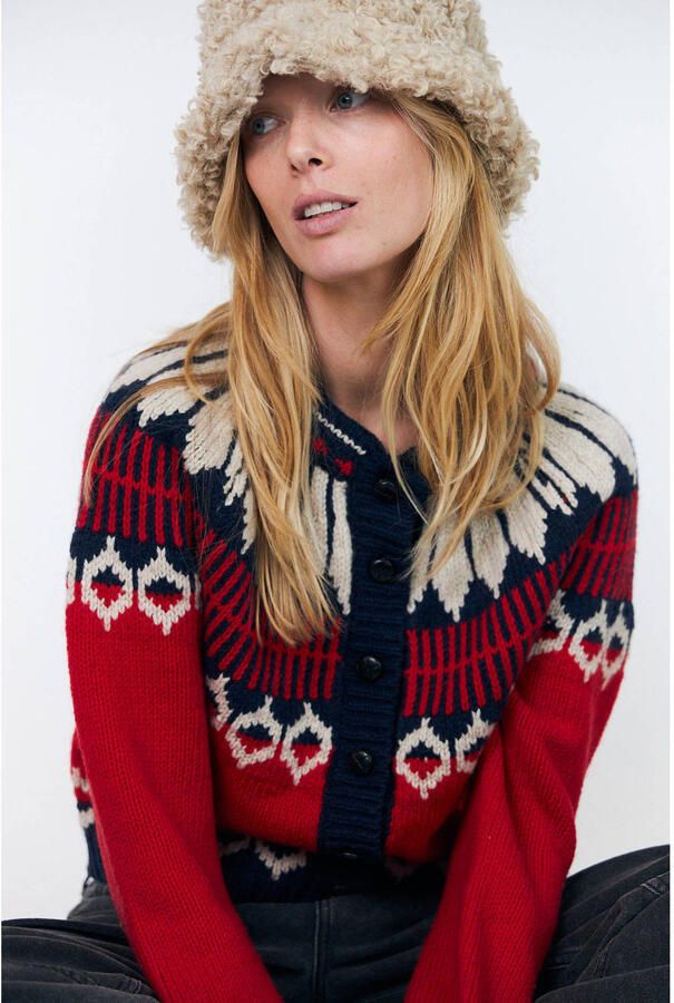Lollys Laundry gebreid vest met print en wol rood donkerblauw ecru