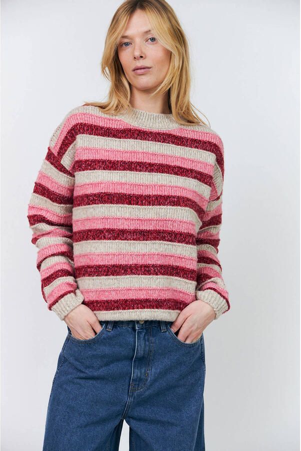 Lollys Laundry gebreide gestreepte trui met wol roze
