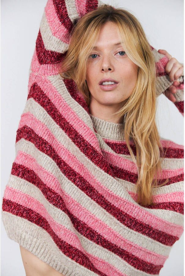 Lollys Laundry gebreide gestreepte trui met wol roze - Foto 2