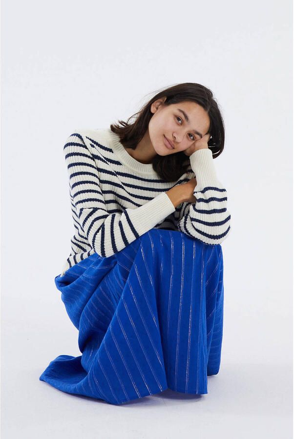 Lollys Laundry Gestreepte Gebreide Trui Donkerblauw Beige Dames - Foto 5