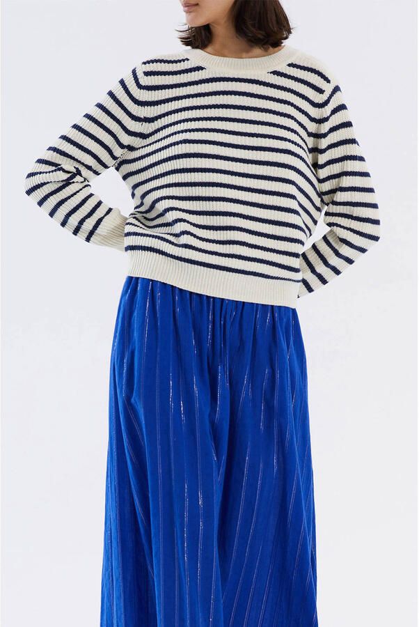 Lollys Laundry Gestreepte Gebreide Trui Donkerblauw Beige Dames - Foto 6