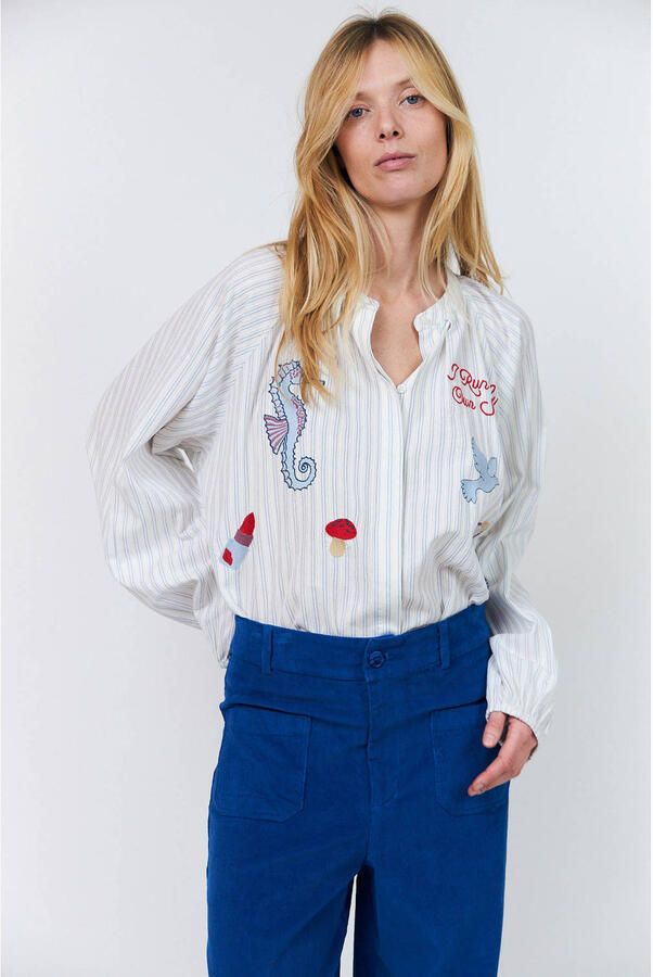 Lollys Laundry gestreepte blouse met borduursels ecru