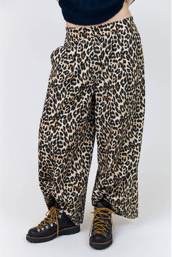 Lollys Laundry wide leg casual broek met panterprint lichtbruin