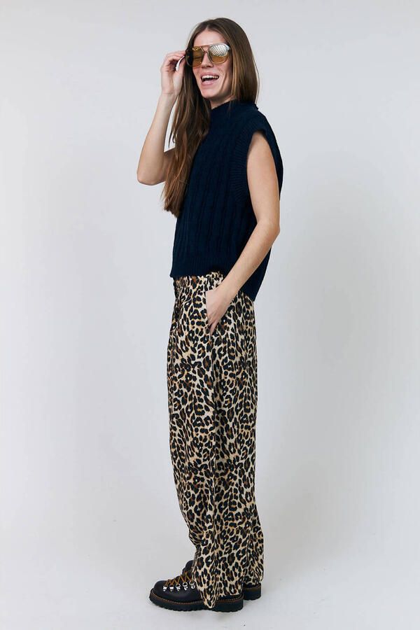 Lollys Laundry wide leg casual broek met panterprint lichtbruin - Foto 3