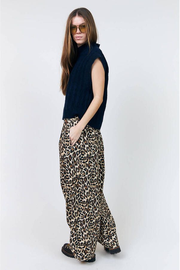 Lollys Laundry wide leg casual broek met panterprint lichtbruin - Foto 2
