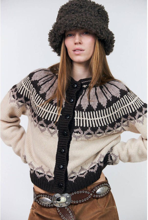 Lollys Laundry wollen gebreid vest met print beige bruin - Foto 3