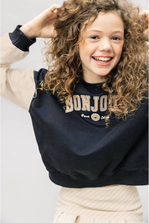 LOOXS 10sixteen sweater met tekst zwart beige Tekst 176