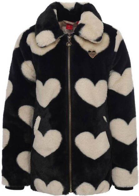 LOOXS little imitatiebont winterjas met hartjes zwart wit Hartjes 110