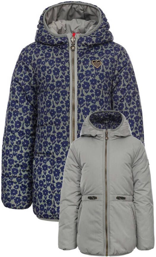 LOOXS little reversible gewatteerde winterjas met all over print grijsgroen blauw Meisjes Polyester Capuchon 104