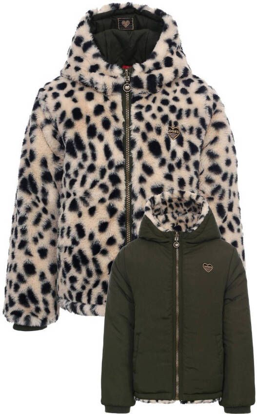 LOOXS little reversible gewatteerde imitatiebont winterjas met panterprint zwart beige 104