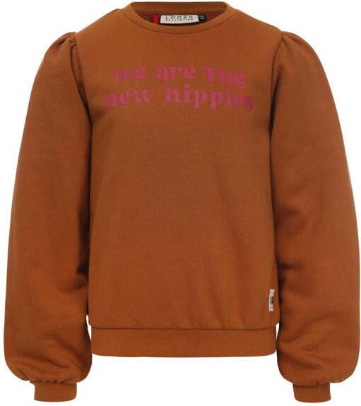 LOOXS little sweater met tekst okergeel roze Tekst 110