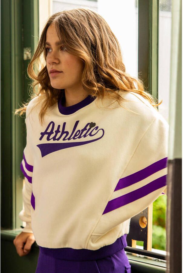 LOOXS 10sixteen oversized gestreepte sweater met tekst ecru paars - Foto 6