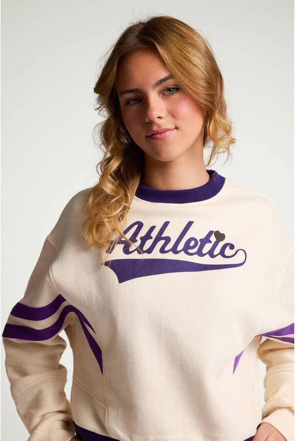 LOOXS 10sixteen oversized gestreepte sweater met tekst ecru paars - Foto 4