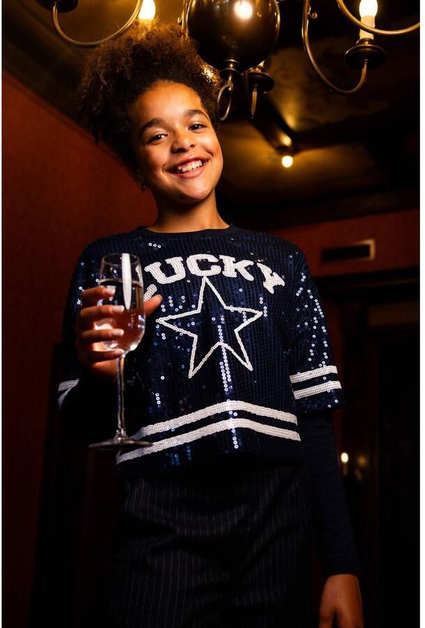 LOOXS 10sixteen rechtvallende longsleeve met sterren en pailletten donkerblauw Meisjes Polyester Ronde hals - Foto 4