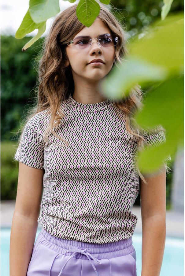 LOOXS 10sixteen top met all over print en open detail beige zwart Meisjes Stretchkatoen Opstaande kraag 128 - Foto 3