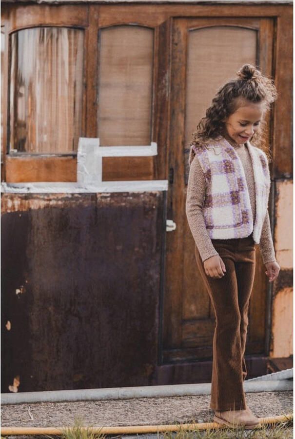 LOOXS little geruit gilet ecru paars Meisjes Teddy V-hals Ruit 128 134