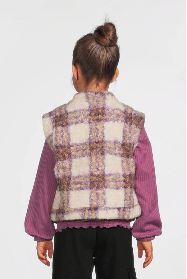 LOOXS little geruit gilet ecru paars Meisjes Teddy V-hals Ruit 128 134 - Foto 2