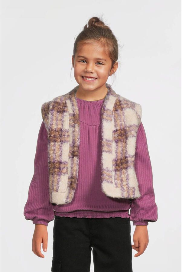 LOOXS little geruit gilet ecru paars Meisjes Teddy V-hals Ruit 128 134 - Foto 4