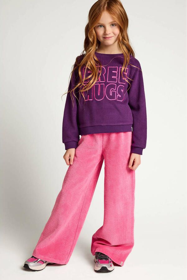 LOOXS little rechtvallende fleecetrui met borduursels en tekst paars - Foto 3