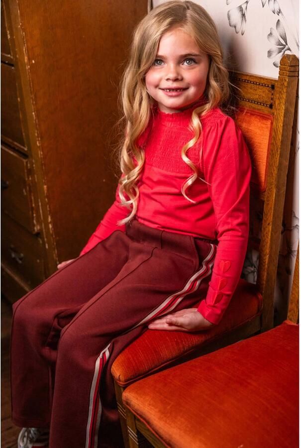 LOOXS little rechtvallende longsleeve met smockwerk koraalrood Meisjes Stretchkatoen Opstaande kraag - Foto 2