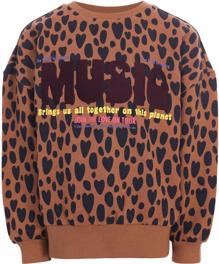 LOOXS little rechtvallende sweater met hartjes bruin