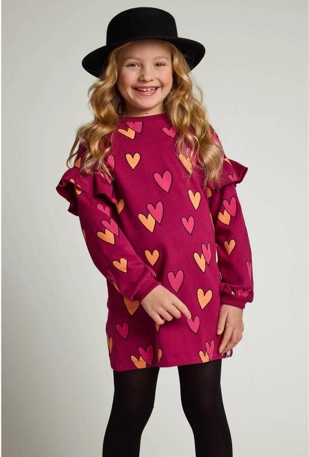 LOOXS little sweatjurk met ruches en hartjes donkerrood Meisjes Stretchkatoen Ronde hals - Foto 3