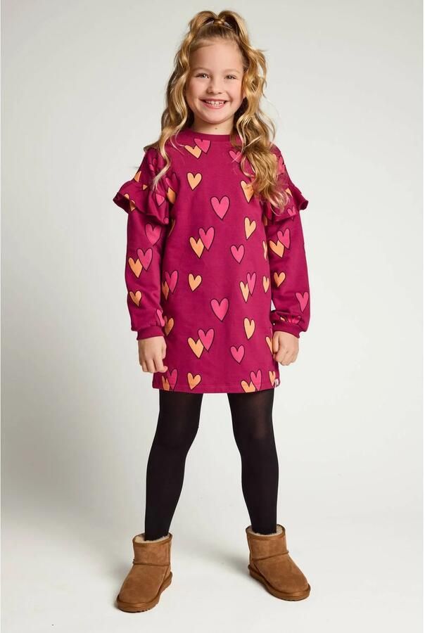 LOOXS little sweatjurk met ruches en hartjes donkerrood Meisjes Stretchkatoen Ronde hals - Foto 4